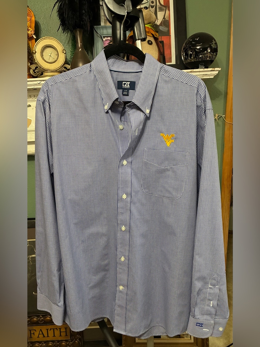 Cutter & Buck Blue and White Microcheck Button-Down Shirt with WV Gold Logo-L